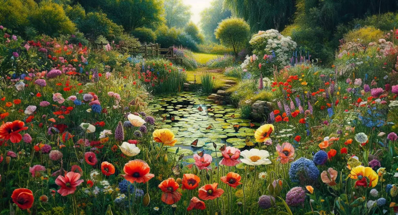 A lily-covered fish pond in a wild flower country garden at the height of summer