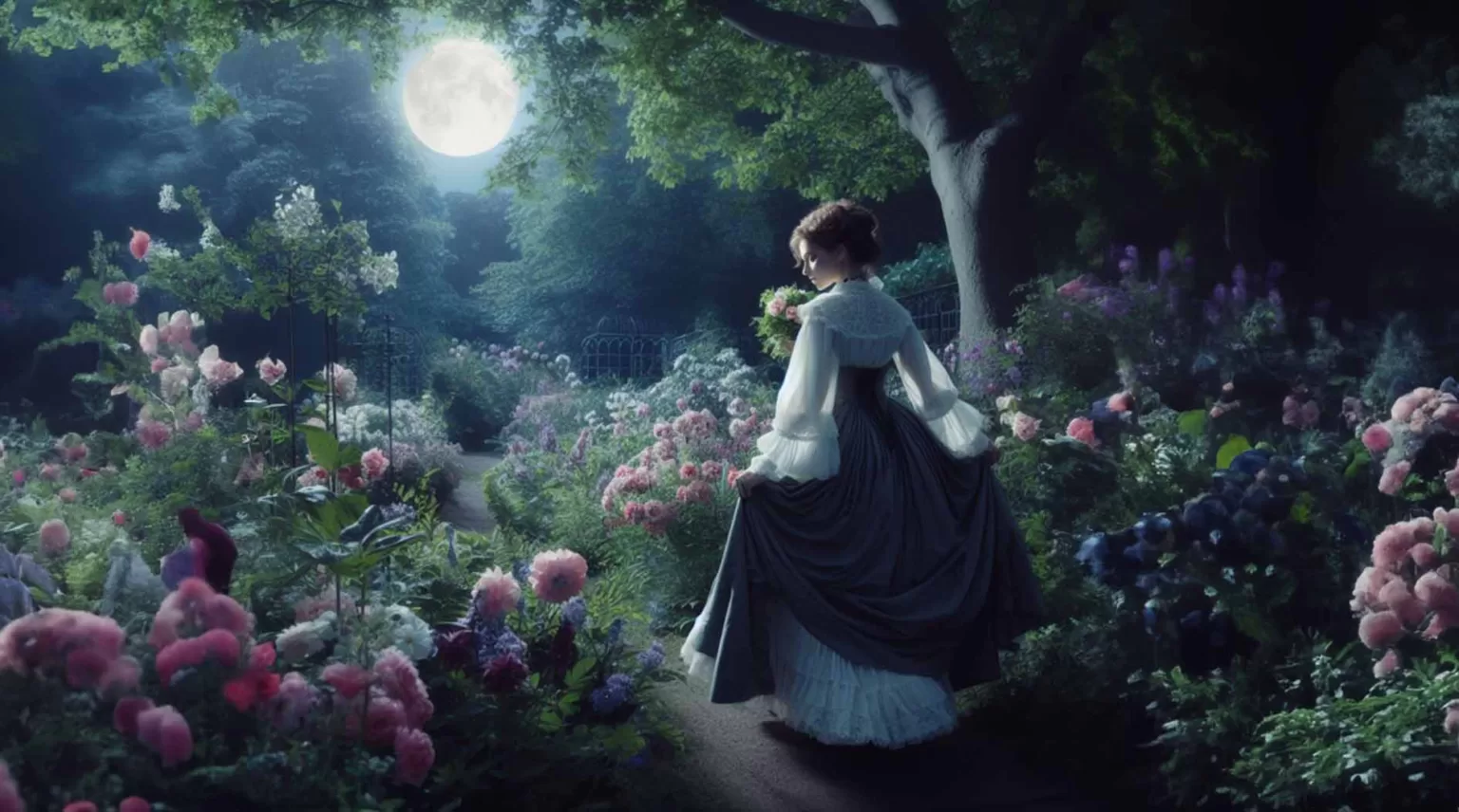 A young Victorian maiden strolls through a wooded flower garden at night (AI Art)