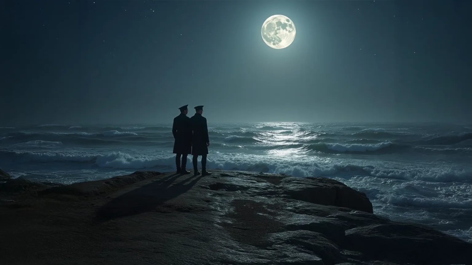 Two revenue protection officers looking out to sea on a moonlit night on the English north-eastern coast
