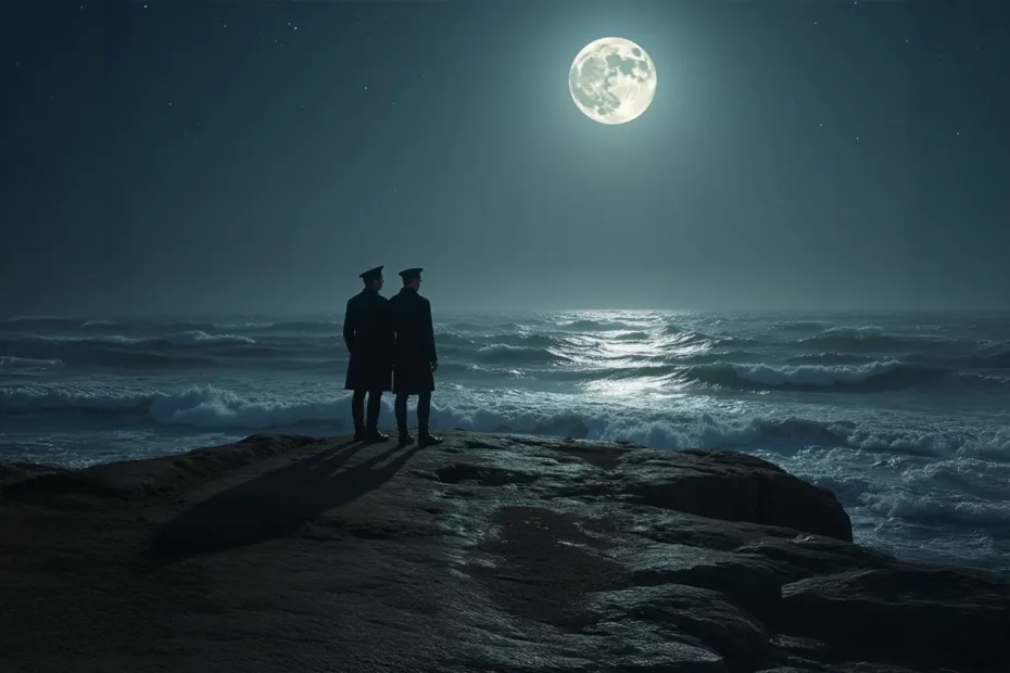 Two revenue protection officers looking out to sea on a moonlit night on the English north-eastern coast